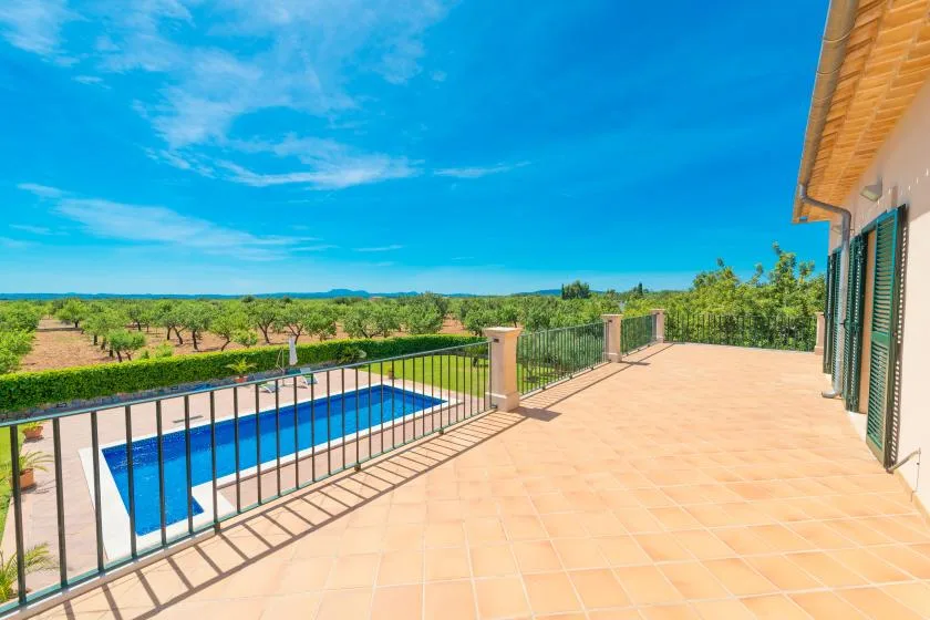 Una terraza soleada da a una piscina y campos verdes.