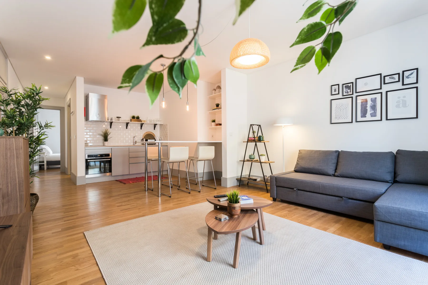 Living room with a gray sofa, coffee table, and open kitchen.