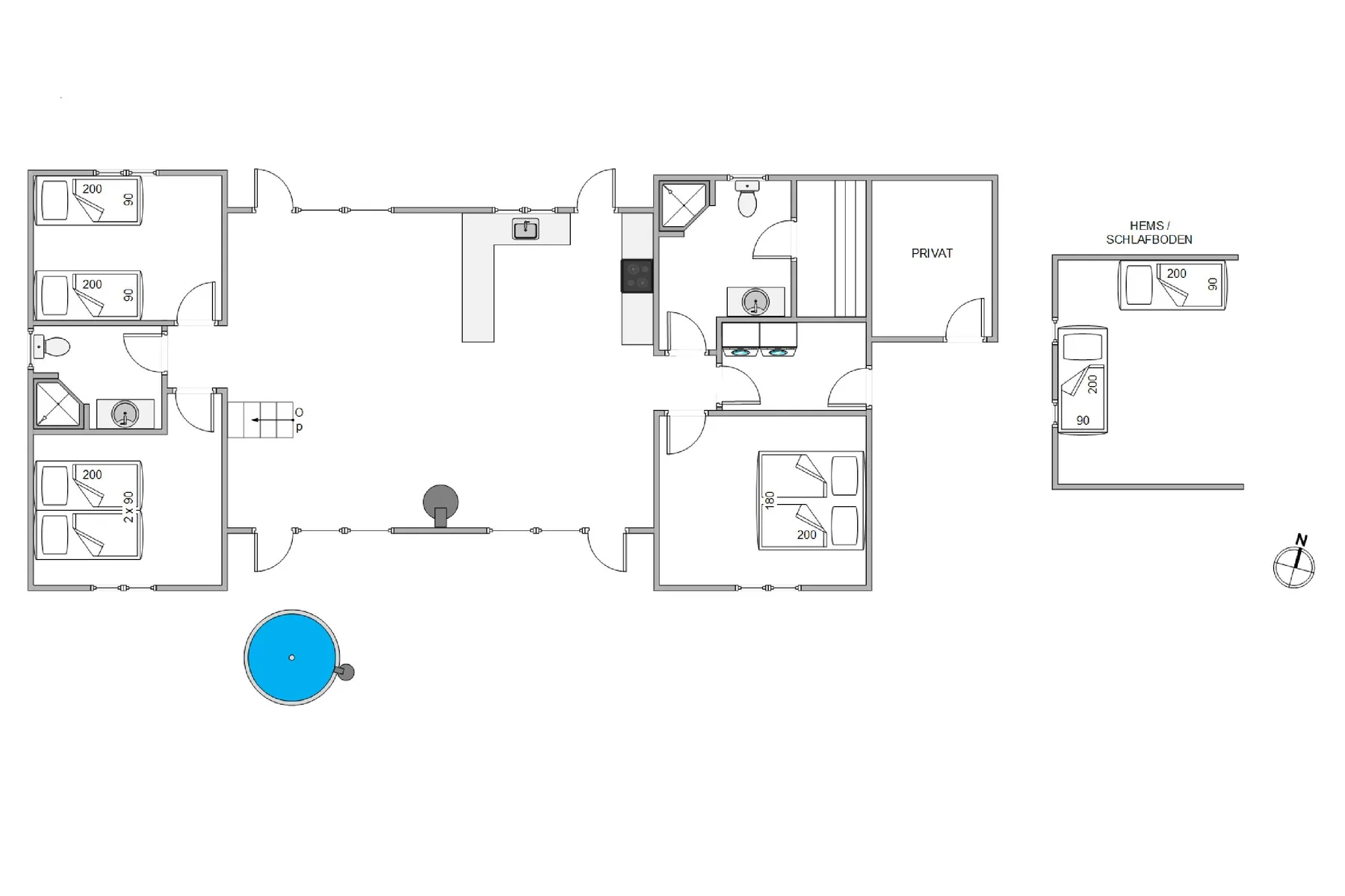 Un plano muestra varias habitaciones distribuidas alrededor de un espacio central abierto.