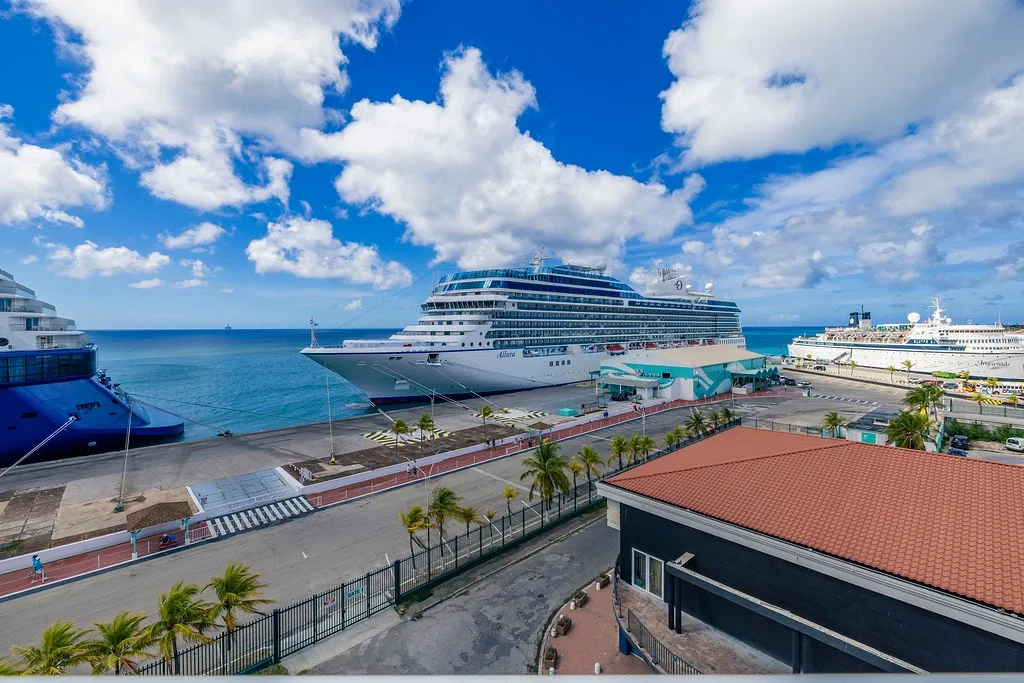 Coastal harbor view with cruise ships docked at the port, featuring palm-lined walkways and turquoise tropical waters stretching to the horizon.