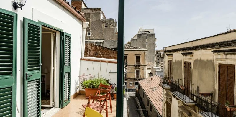 Una terraza en la azotea con contraventanas verdes y plantas en macetas da a edificios cercanos.