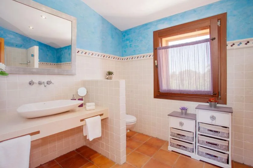 A tiled bathroom with a sink, large mirror, and a curtained window.