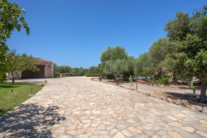 A broad stone-paved courtyard extends between trees and a small building.