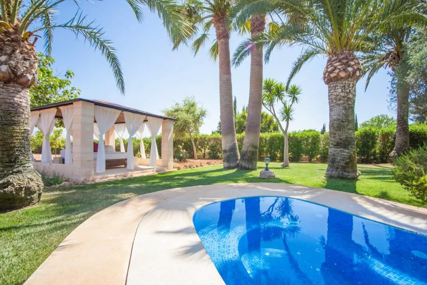 A swimming pool curves through a palm-lined garden beside a shaded pavilion.