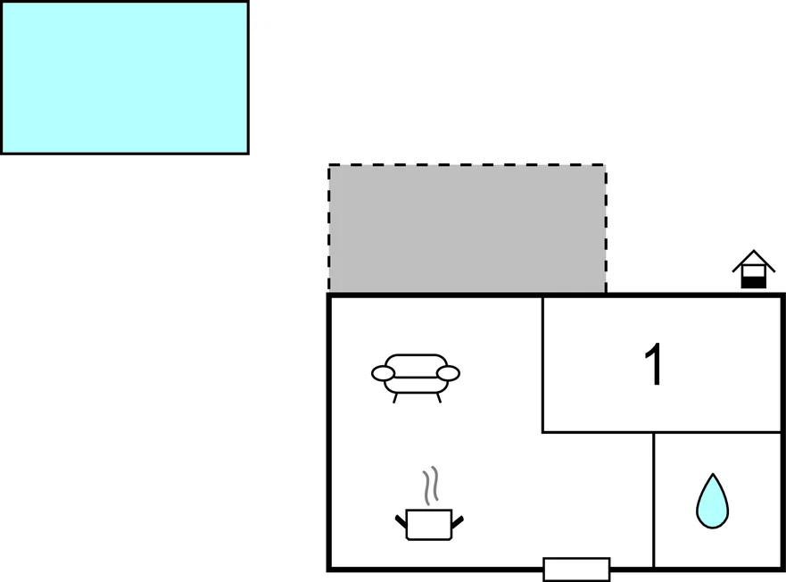 Un plano sencillo muestra una zona de asientos junto a una pequeña habitación con un símbolo de agua.