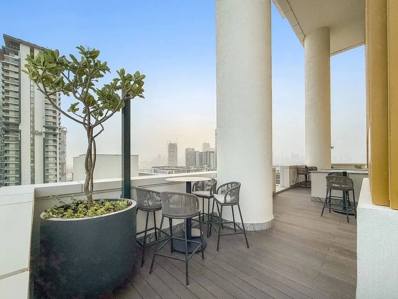 An outdoor terrace has seating beside a large potted plant, with city buildings beyond.