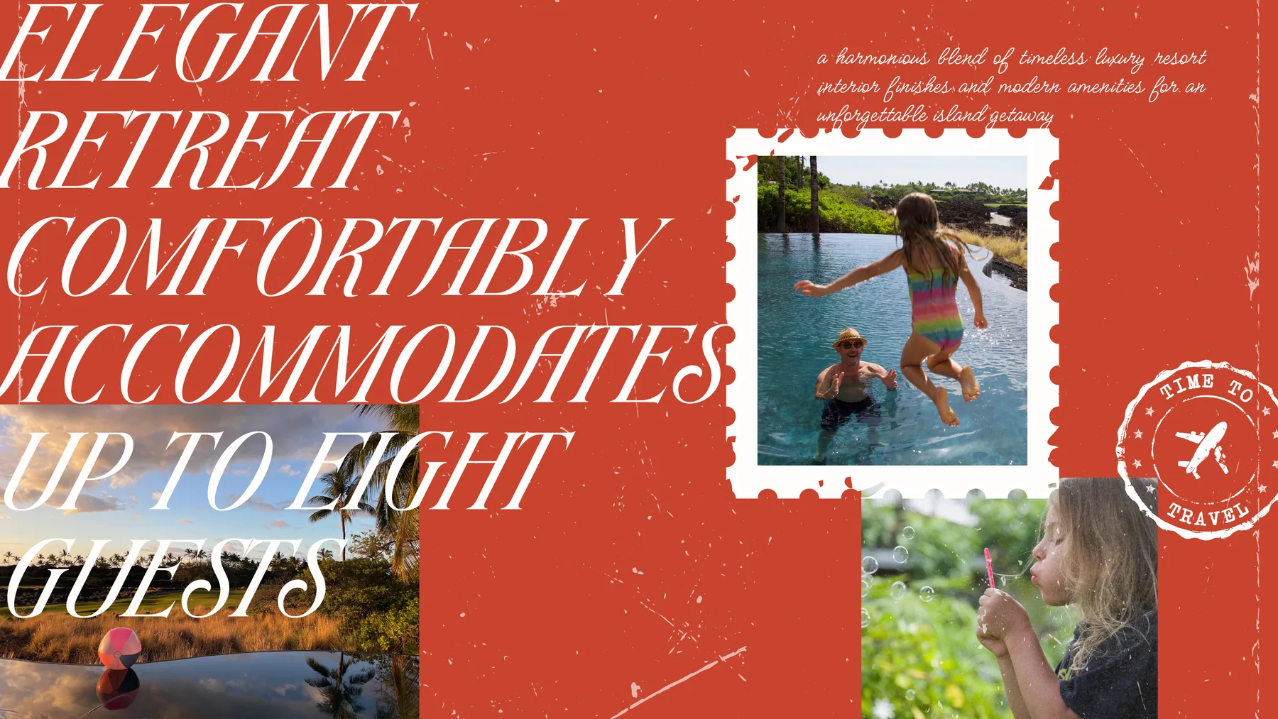 Promotional collage with people swimming in a pool and a child outdoors.