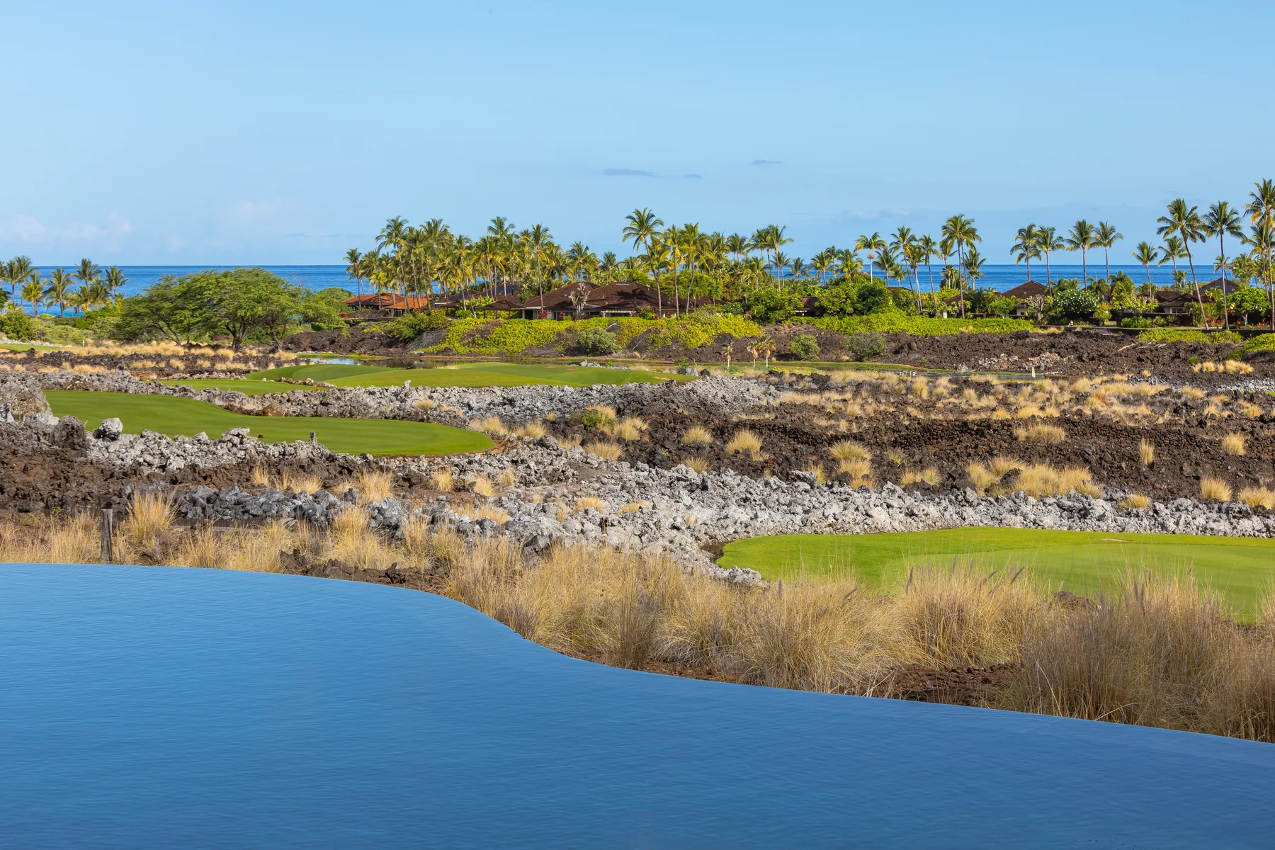 A coastal golf course with a water hazard, rocky ground, and palm trees.