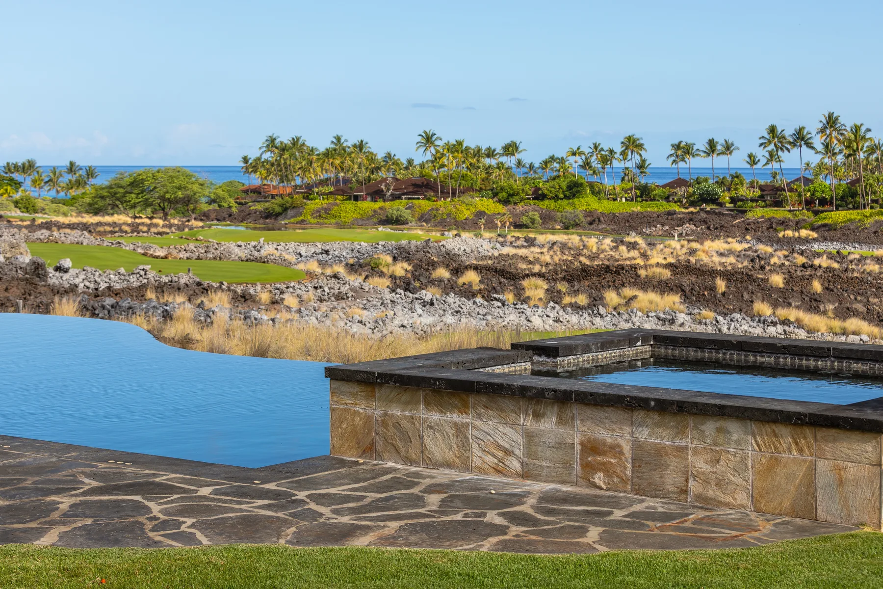 An outdoor pool overlooks a rocky landscape with palm trees in the distance.