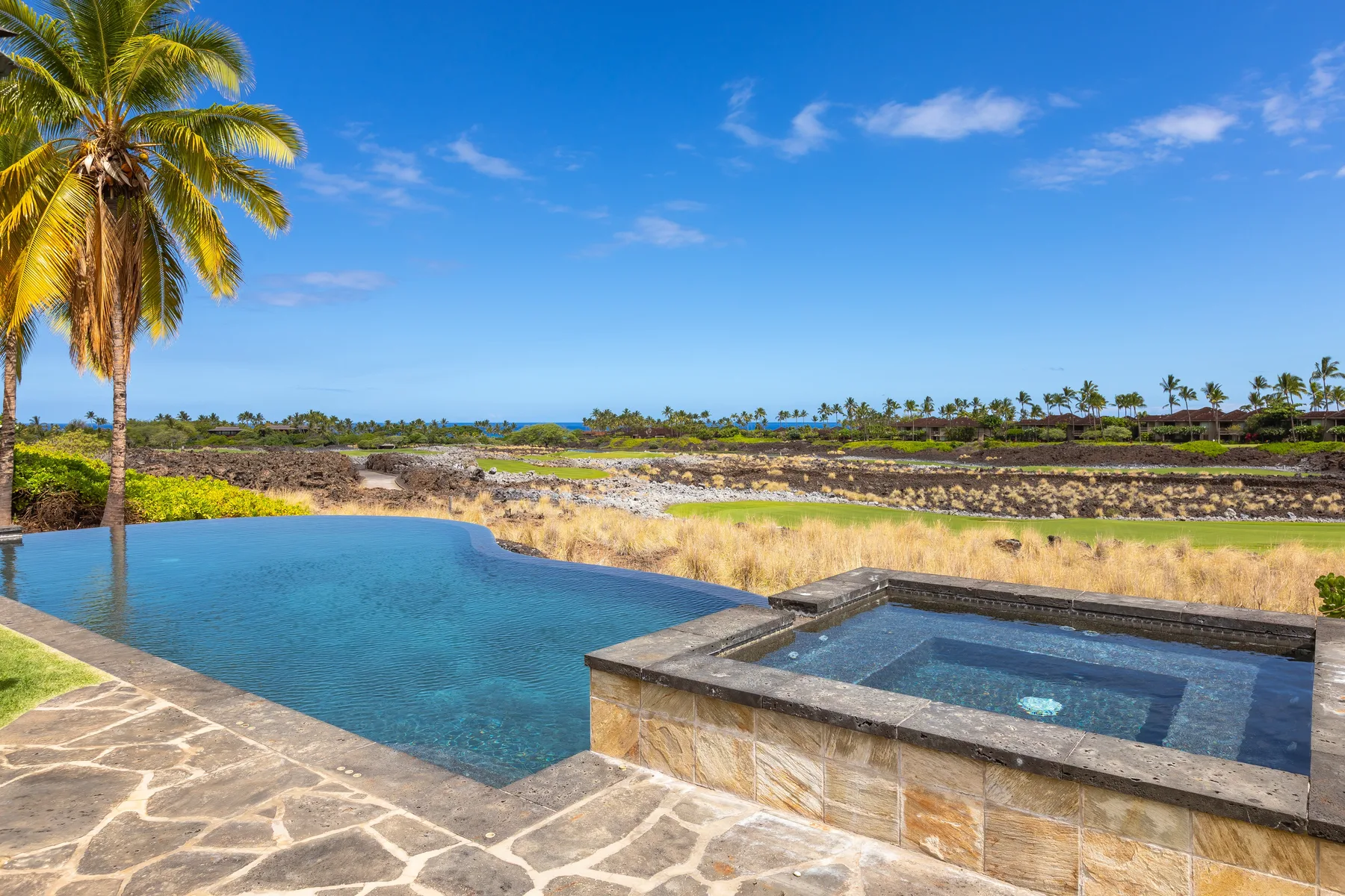 Una piscina y un pequeño spa están junto a un patio de piedra, con palmeras a lo lejos.