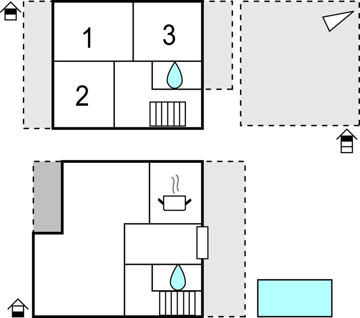 A schematic floor plan shows numbered rooms and a bathroom with a shower.