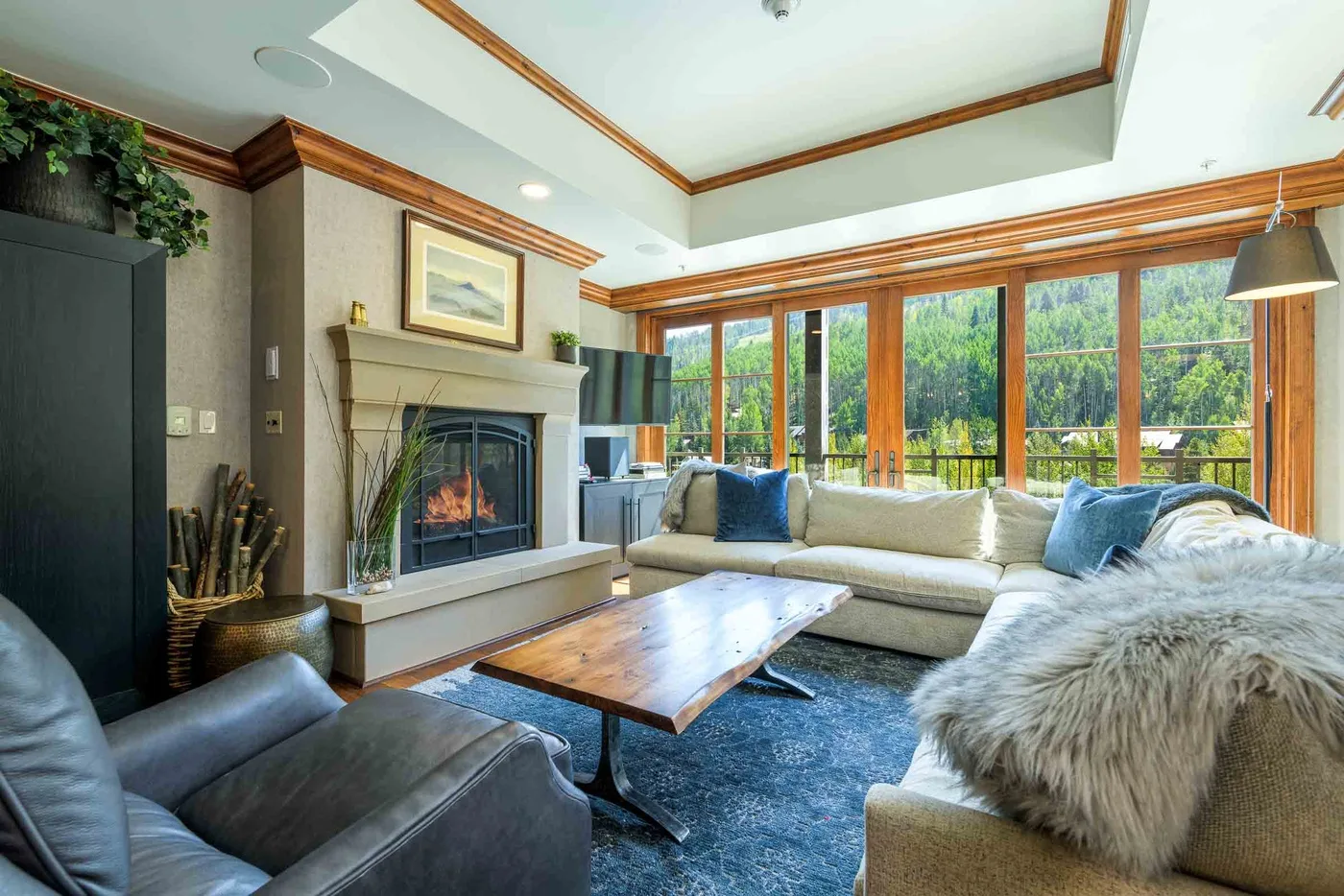 A living room with a fireplace, seating, and large windows overlooking greenery.