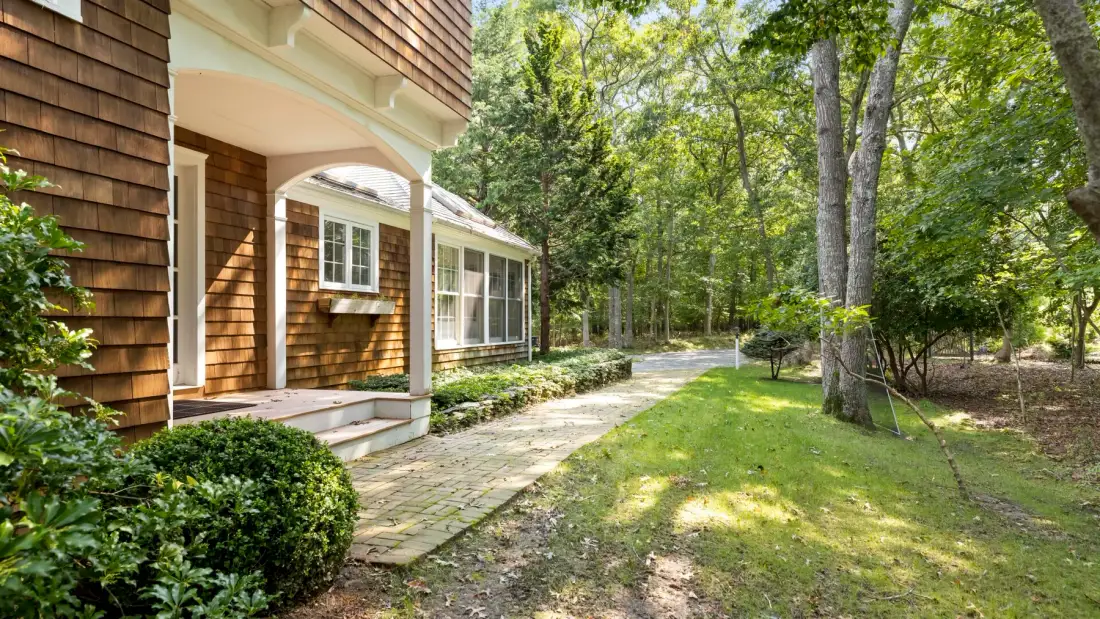 A wooded yard beside a house, with a paved path and leafy trees.