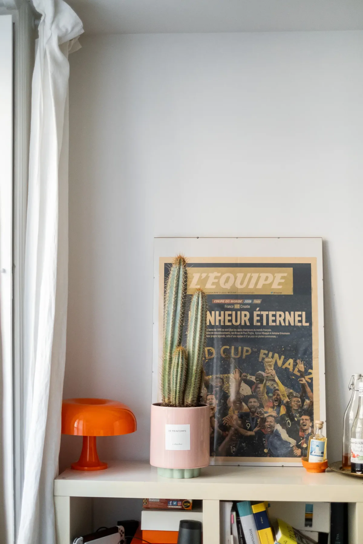 Un rincón luminoso con un póster deportivo enmarcado y un cactus alto.