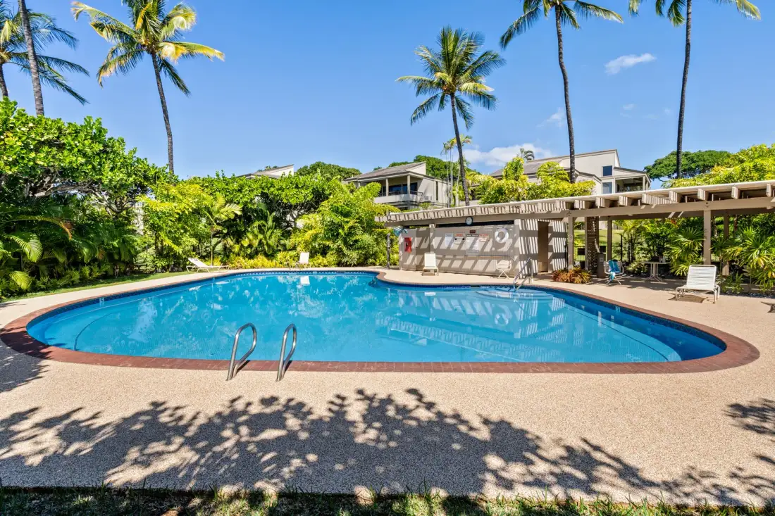 A swimming pool sits among tropical greenery and palm trees.