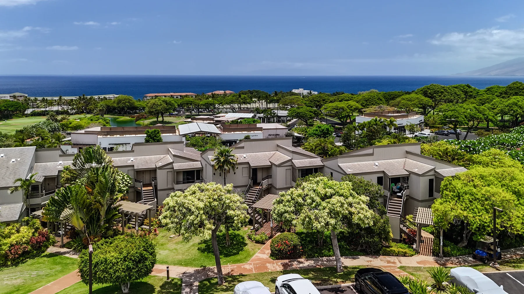Aerial view of low-rise buildings and green landscaping beside the ocean.