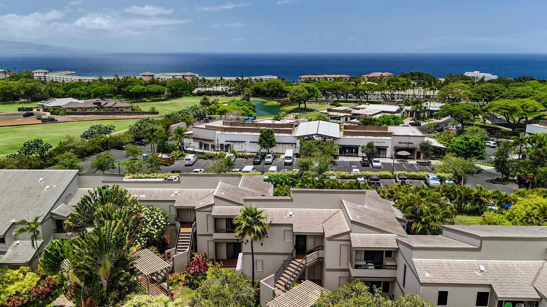 Aerial view of low-rise buildings surrounded by greenery, with the ocean in the distance.