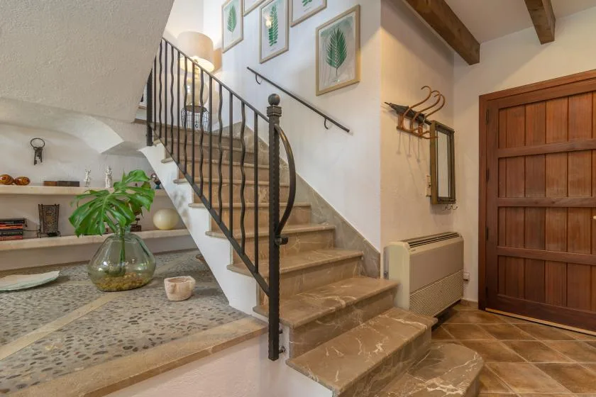 An interior stairway with a black railing, framed botanical prints, and a wooden door.