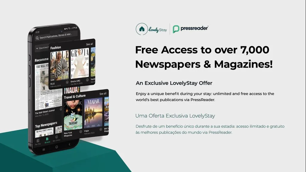 Un anuncio promocional muestra una aplicación de teléfono para acceder a periódicos y revistas.