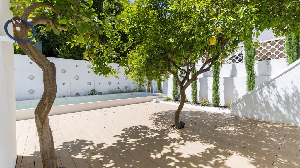 Un patio exterior sombreado con una piscina estrecha y árboles frondosos.