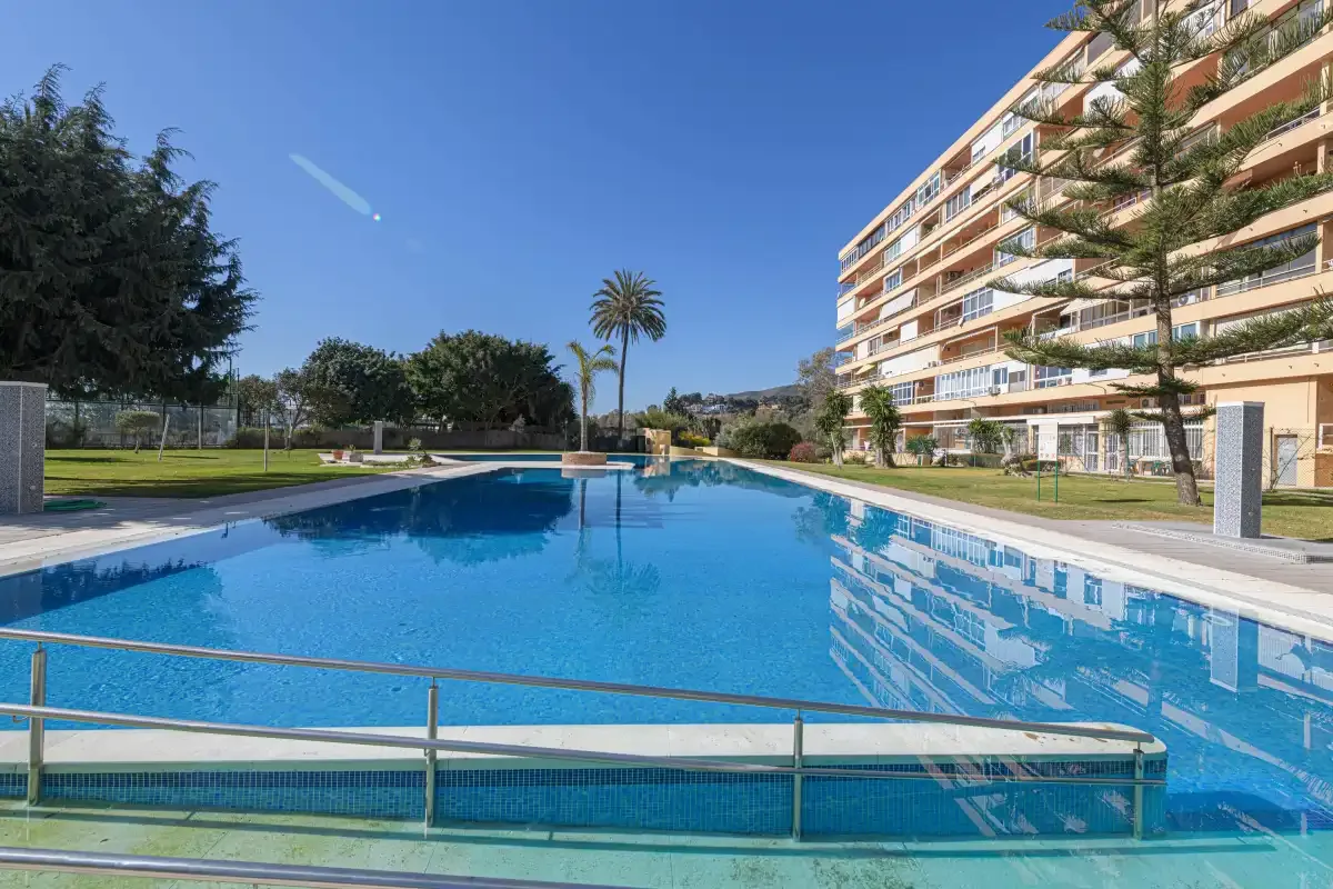 A swimming pool beside a multi-story building, with palm trees and greenery.