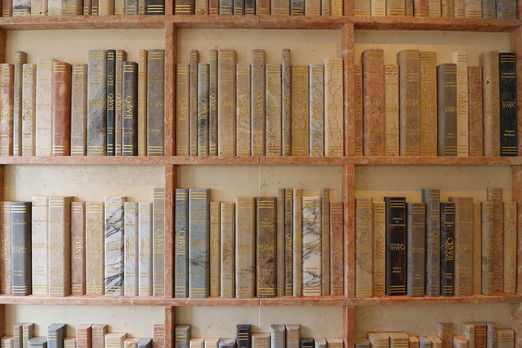 Una pared de estanterías llena de filas de libros.