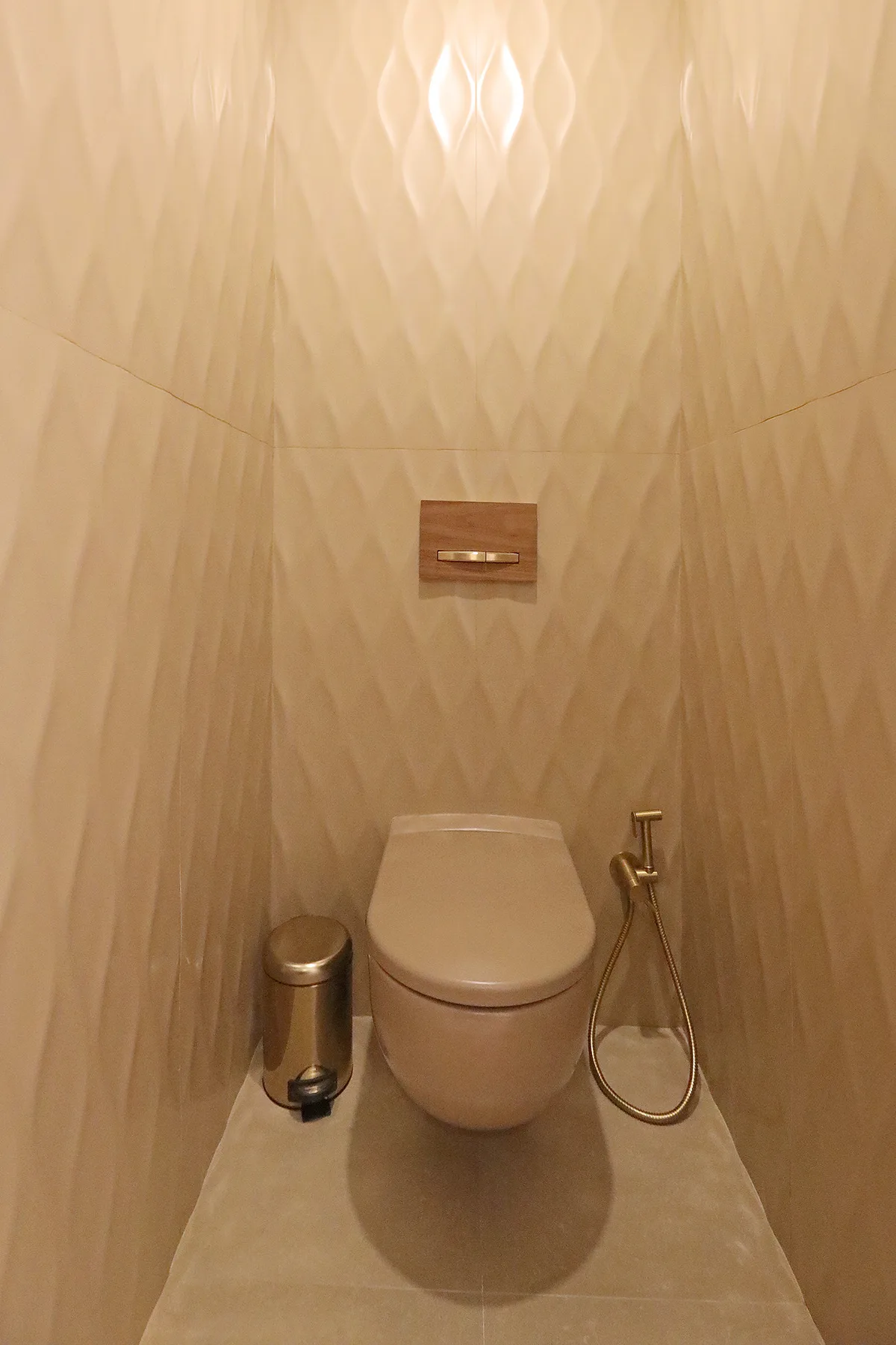 Un baño con inodoro, placa de descarga en la pared y ducha de mano.