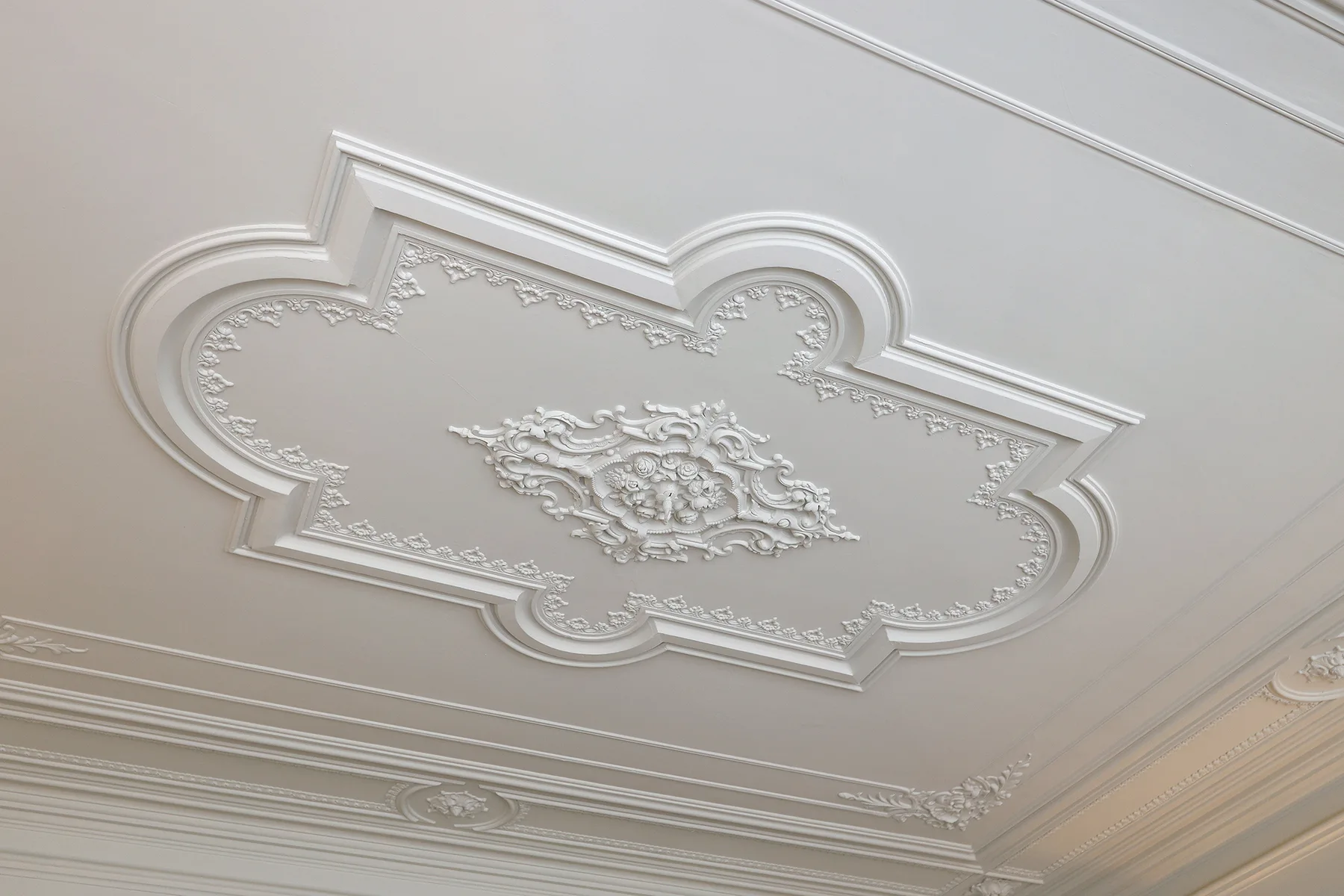 An ornate white ceiling features decorative plaster relief and molding.