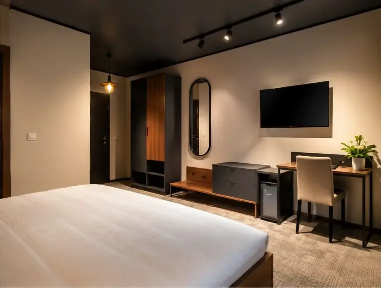 Suite bedroom with wardrobe and desk