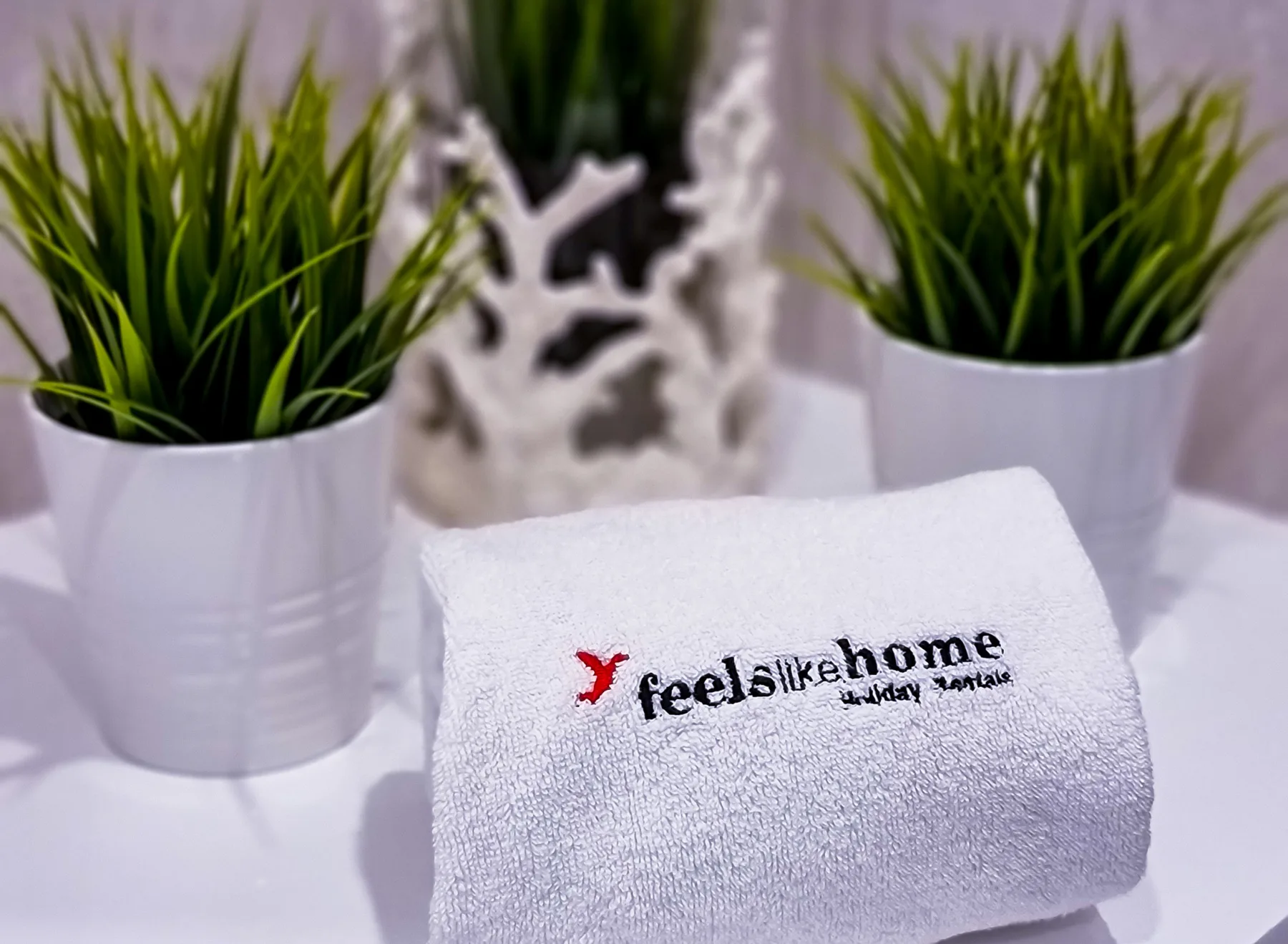 Una toalla blanca doblada con un logotipo está entre dos plantas en macetas.