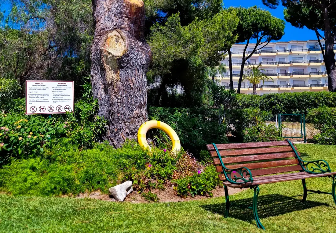 Zona exterior ajardinada con un banco de madera y árboles.