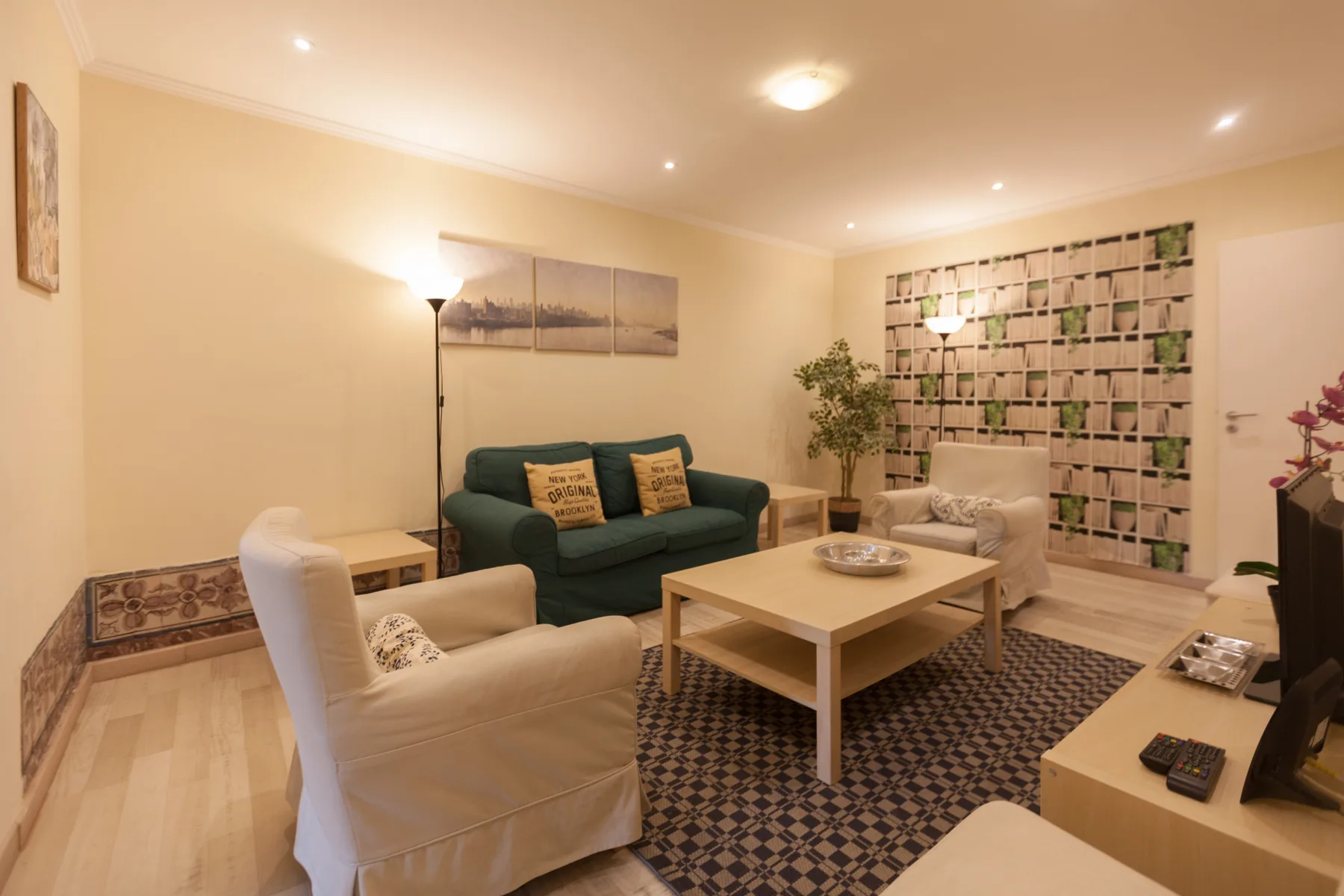 Living room with seating, a coffee table, and a patterned rug.