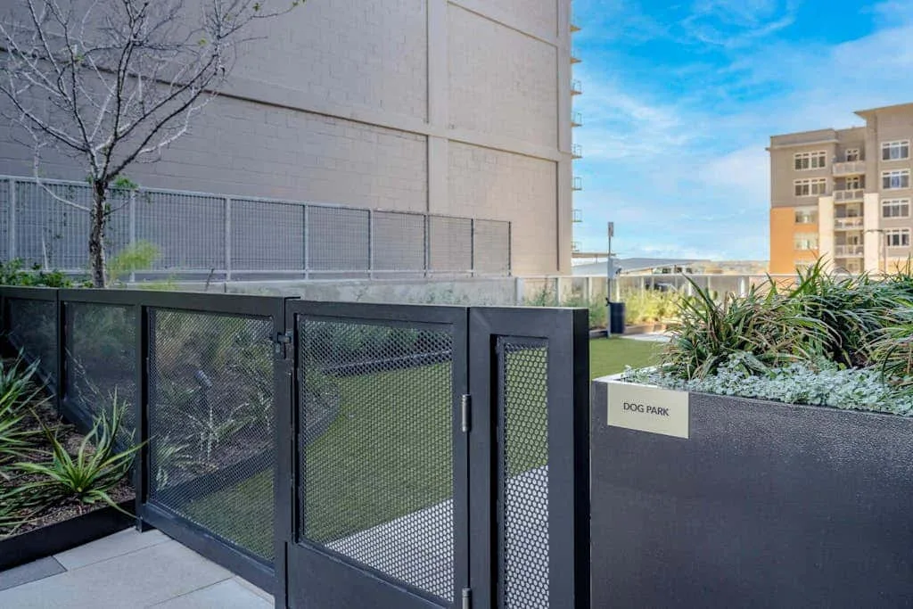 Un patio exterior con césped cercado, jardineras y edificios cercanos.