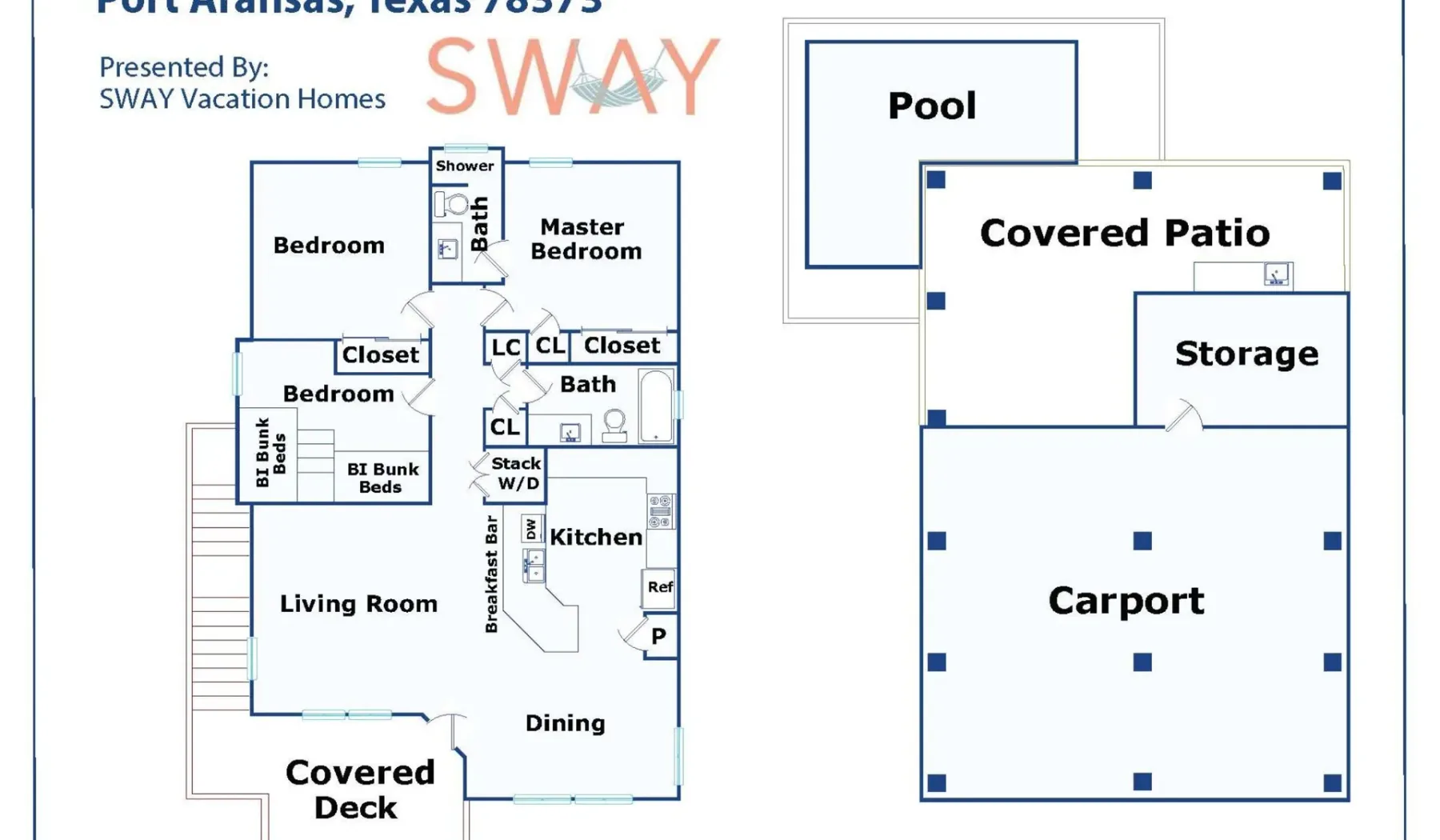 Floor plan showing bedrooms and living areas alongside a pool, covered patio, and carport.