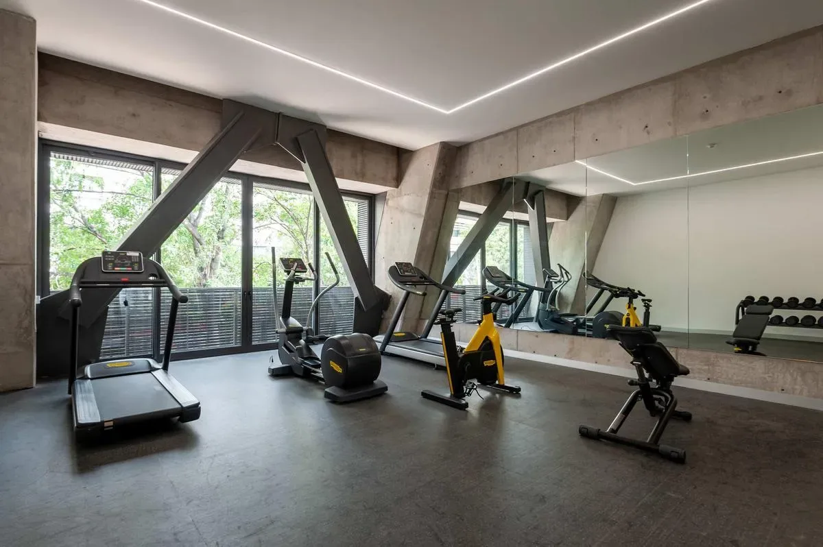 A gym with cardio equipment and weights, set beside large windows.