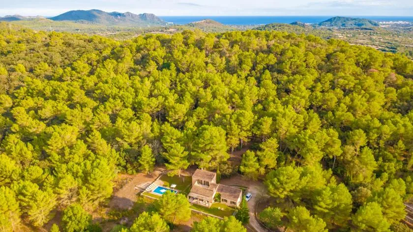 An aerial view shows a house surrounded by dense green forest, with the sea in the distance.