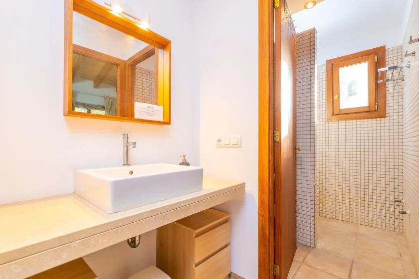 A bathroom with a countertop sink beside a tiled shower area.