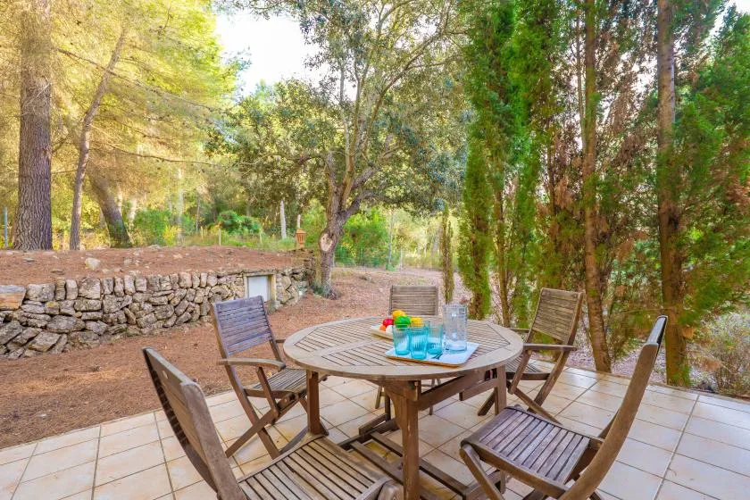 A tiled outdoor patio with a wooden dining table and chairs beneath leafy trees.