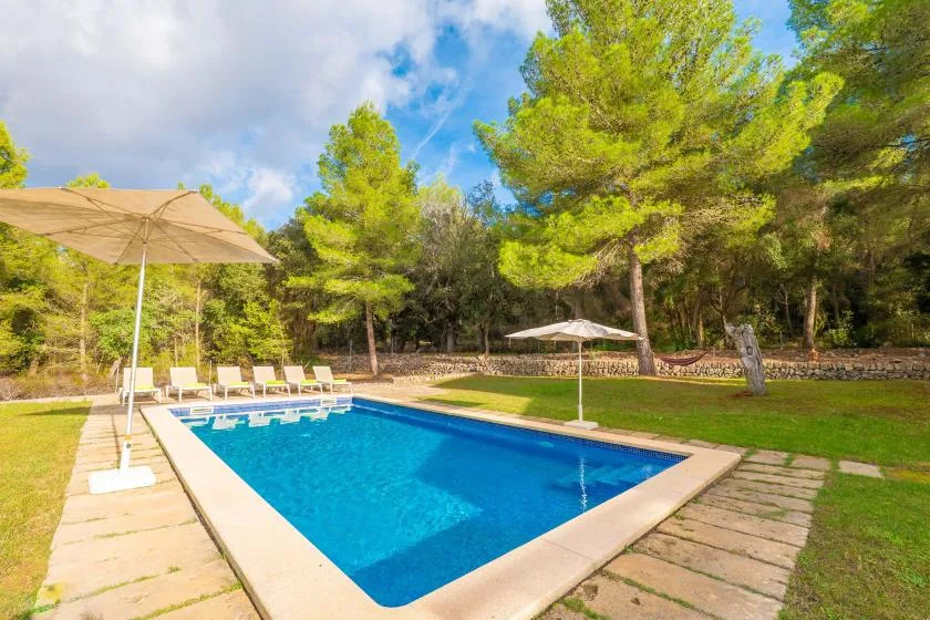 An outdoor swimming pool sits beside a lawn, shaded by trees and umbrellas.