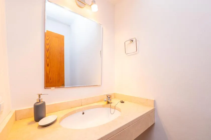 A bathroom vanity with a sink, faucet, and wall mirror.