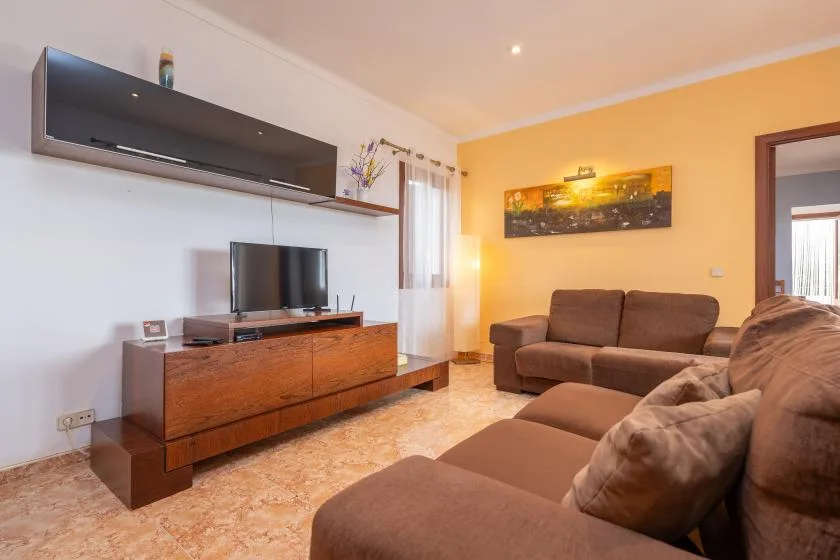 Living room with seating, a television, and a low wooden cabinet.