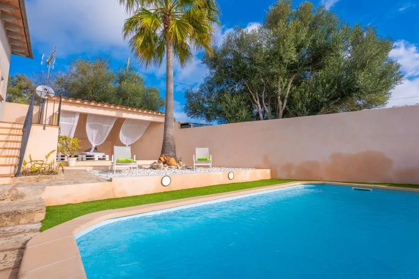 An outdoor swimming pool beside a walled patio with seating and palm trees.