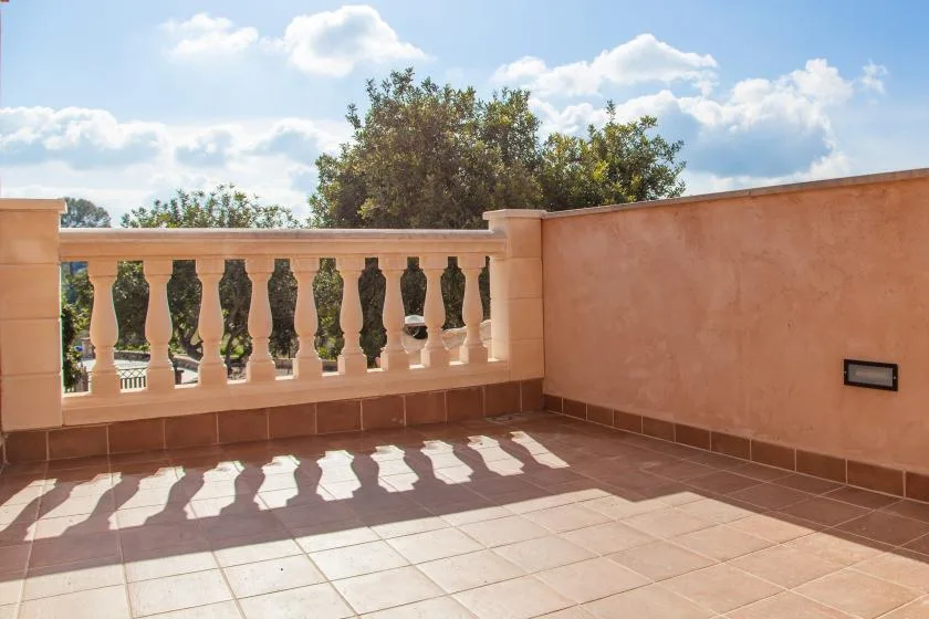 A tiled terrace with a balustrade overlooks trees beneath a partly cloudy sky.