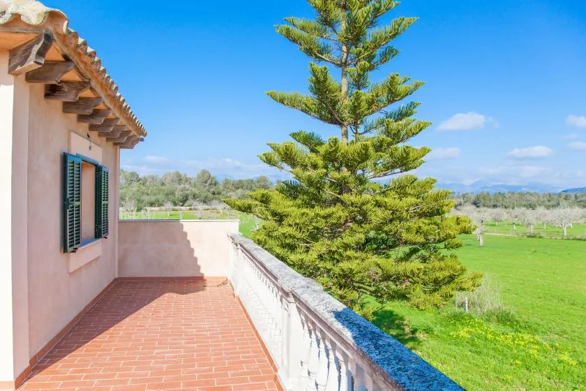 A tiled outdoor terrace overlooks green fields, with a tall tree nearby.