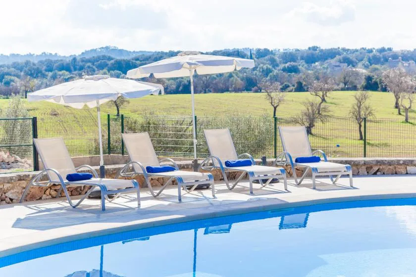A swimming pool bordered by lounge seating and umbrellas overlooks green fields.