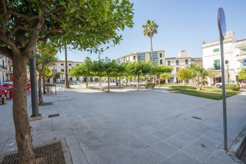 Una plaza pavimentada con árboles, bancos y edificios en sus alrededores.