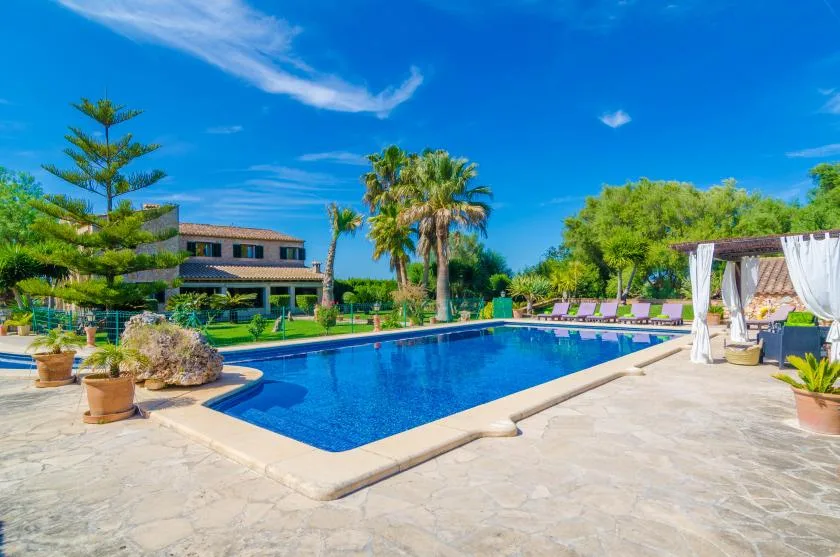 Una piscina al aire libre está junto a un patio pavimentado, con vegetación y asientos cerca.