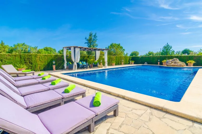 Una piscina al aire libre junto a tumbonas acolchadas y vegetación.