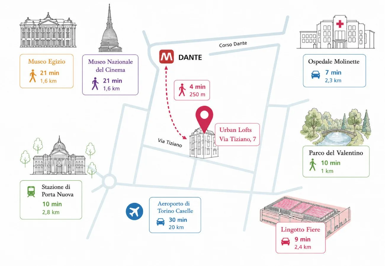 A map shows nearby landmarks and transit routes around an urban lodging location.