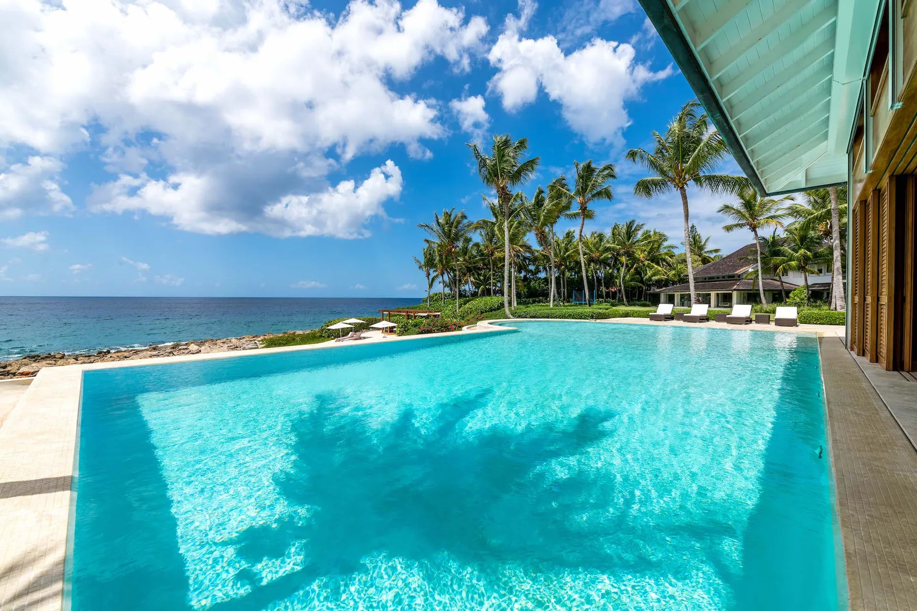 A swimming pool overlooks the ocean, with palm trees and seating nearby.